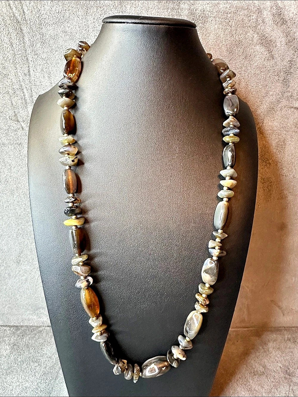 Natural Brown Agate Gemstone Beaded Necklace Long Boho Earth Tone